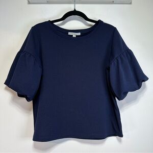 Green Envelope Puff Sleeve Top Navy Structured Minimalist Workwear Size L